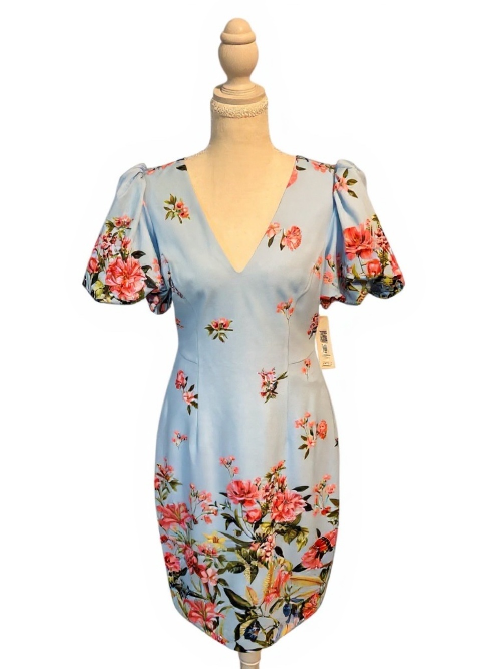 Eliza J Blue Floral Puff Sleeve Midi Dress Size 8